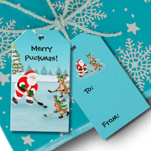 Santa Playing Hockey with Reindeer Christmas Gift Tags