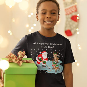 Santa Playing Hockey with Reindeer Christmas T-Shirt