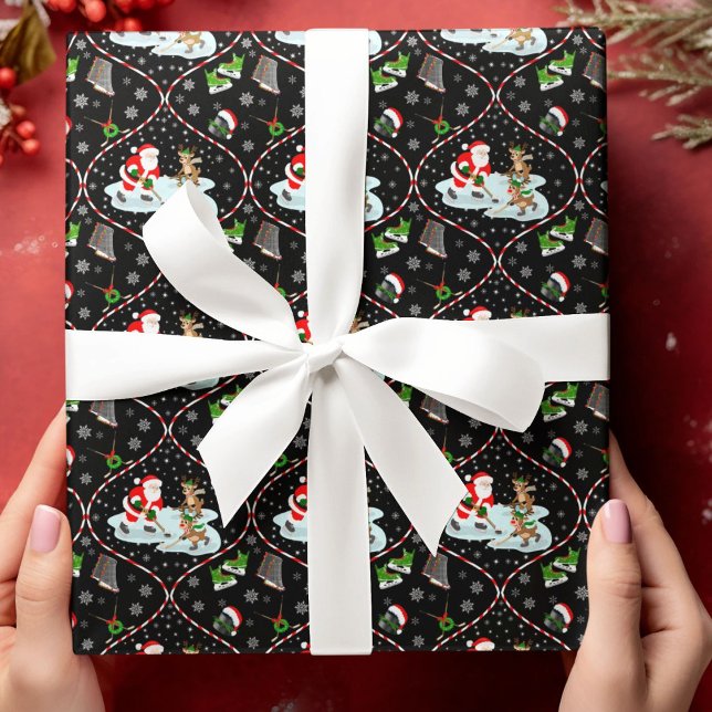 Santa Playing Ice Hockey Christmas Pattern Black Wrapping Paper (Creator Uploaded)