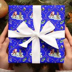 Santa Playing Ice Hockey Christmas Pattern Blue Wrapping Paper