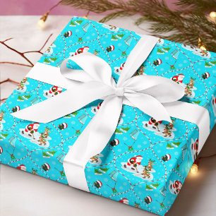 Santa Playing Ice Hockey Christmas Pattern Wrapping Paper