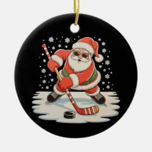 Santa Playing Ice Hockey Christmas Xmas Sport Ceramic Ornament