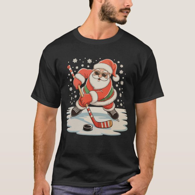 Santa Playing Ice Hockey Christmas Xmas Sport T-Shirt (Front)