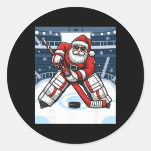 Santa Playing Ice Hockey Goalie Christmas _1 Classic Round Sticker