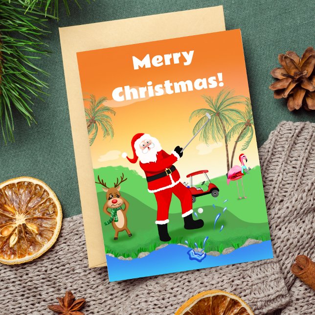 Santa Playing Out Of Water Hazard In Florida Golf Card (A great funny Christmas card to send to a golfer!)