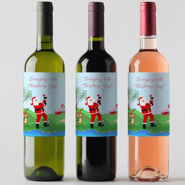 Santa Playing Out Of Water With Martini Party  Wine Label (A great wine gift idea for a holiday party.)