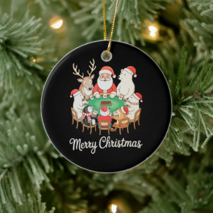 Santa Playing Poker Polar Bear Penguin Reindeer Ceramic Ornament