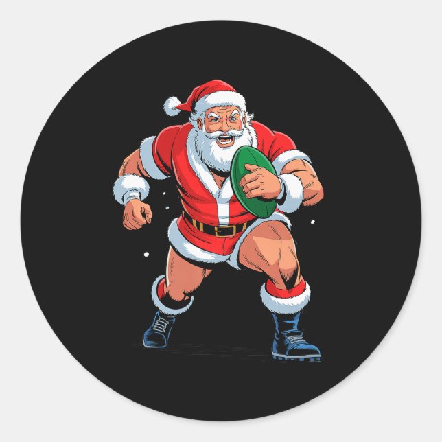 Santa Playing Rugby Funny Holiday Christmas Xmas P Classic Round Sticker (Front)