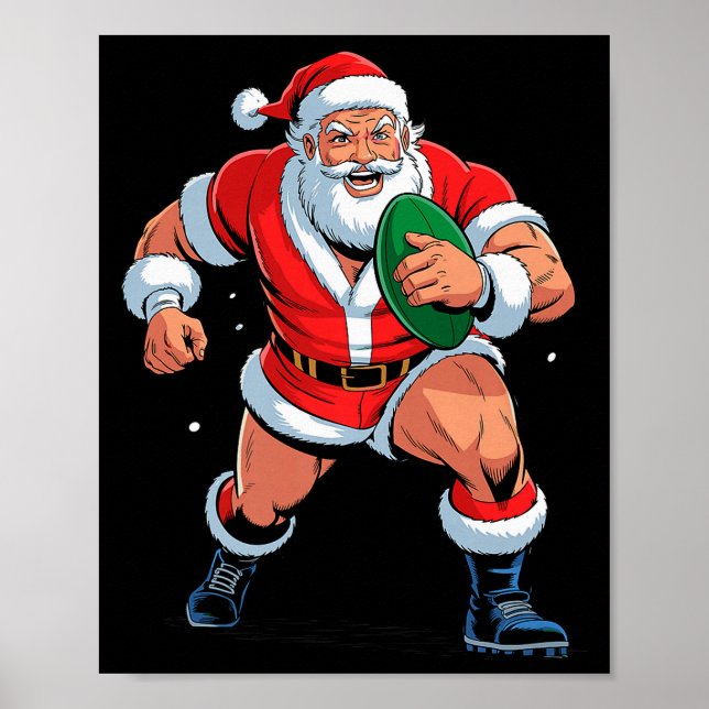 Santa Playing Rugby Funny Holiday Christmas Xmas P Poster (Front)