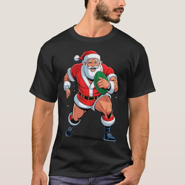 Santa Playing Rugby Funny Holiday Christmas Xmas P T-Shirt (Front)