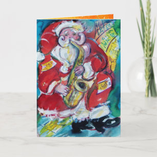 SANTA PLAYING SAX, MUSICAL CHRISTMAS Gold Floral Holiday Card