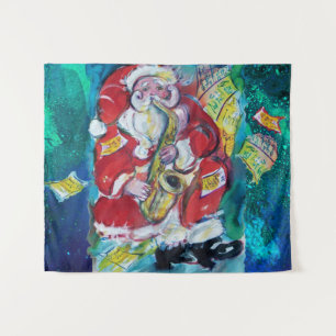 SANTA PLAYING  SAX, MUSICAL CHRISTMAS PARTY TAPESTRY