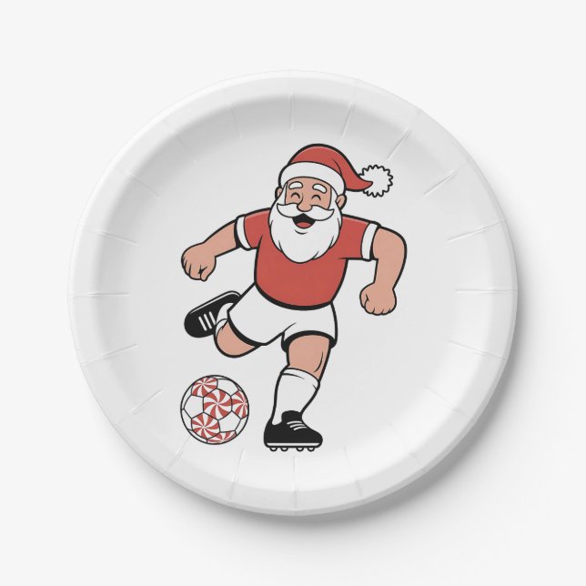 Santa Playing Soccer Christmas Player Sport  Paper Plate (Front)