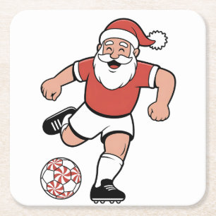 Santa Playing Soccer Christmas Player Sport Square Paper Coaster