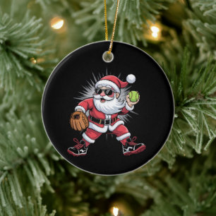 Santa Playing Softball as Pitcher Christmas Sports Ceramic Ornament