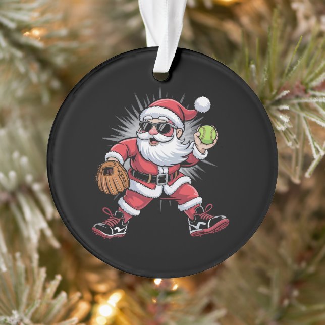 Santa Playing Softball as Pitcher Christmas Sports Ornament (Tree)