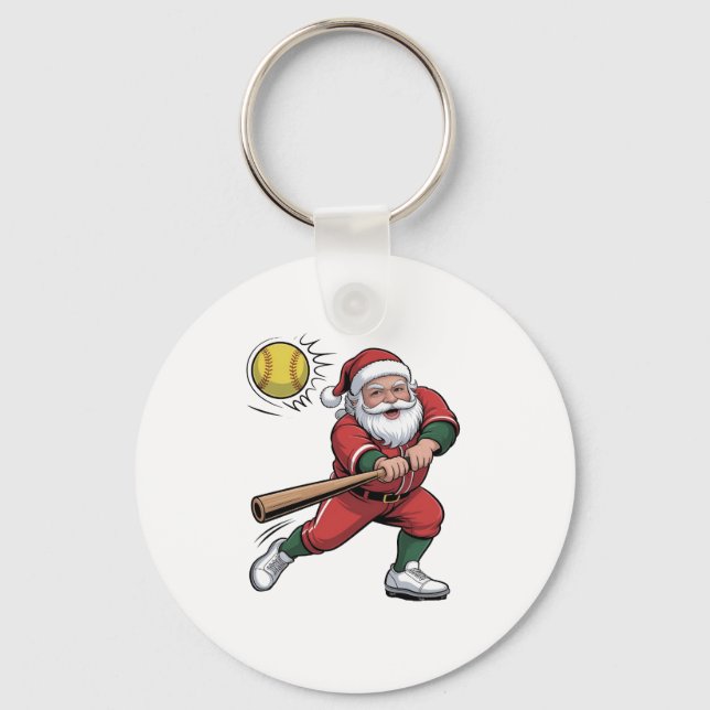 Santa Playing Softball Christmas Player Sport Key Ring (Front)