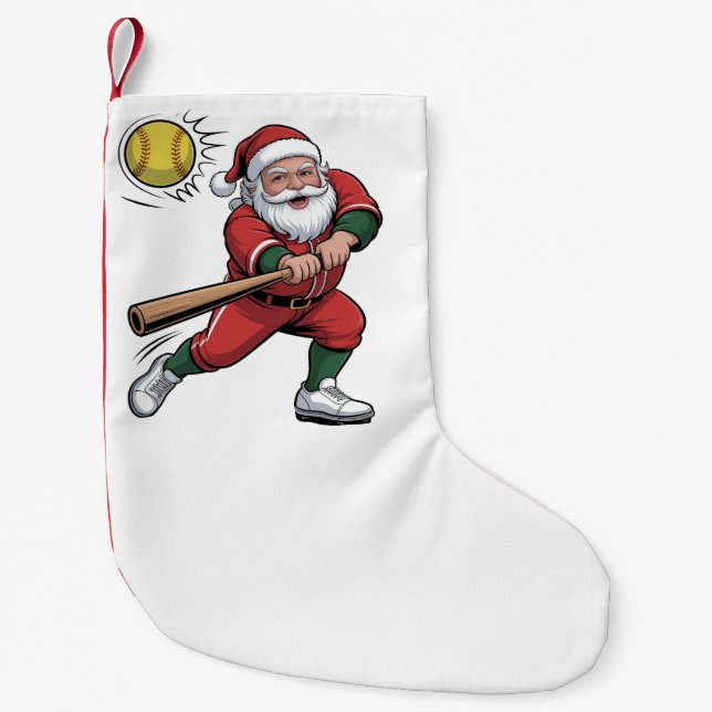 Santa Playing Softball Christmas Player Sport Small Christmas Stocking (Front)