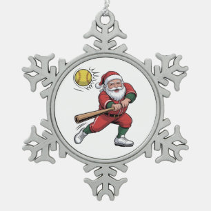 Santa Playing Softball Christmas Player Sport Snowflake Pewter Christmas Ornament