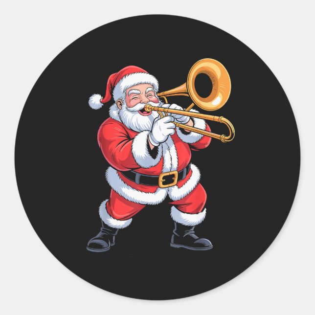 Santa Playing Trombone Funny Holiday Chrismas Xmas Classic Round Sticker (Front)