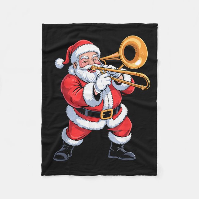 Santa Playing Trombone Funny Holiday Chrismas Xmas Fleece Blanket (Front)