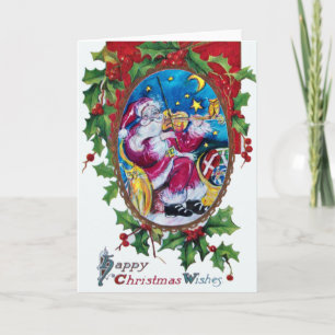 SANTA PLAYING VIOLIN Christmas Crown,Hollyberries Holiday Card