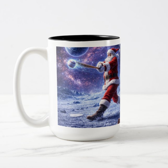 Santa Plays Baseball on Blue Moon Two-Tone Coffee Mug (Left)