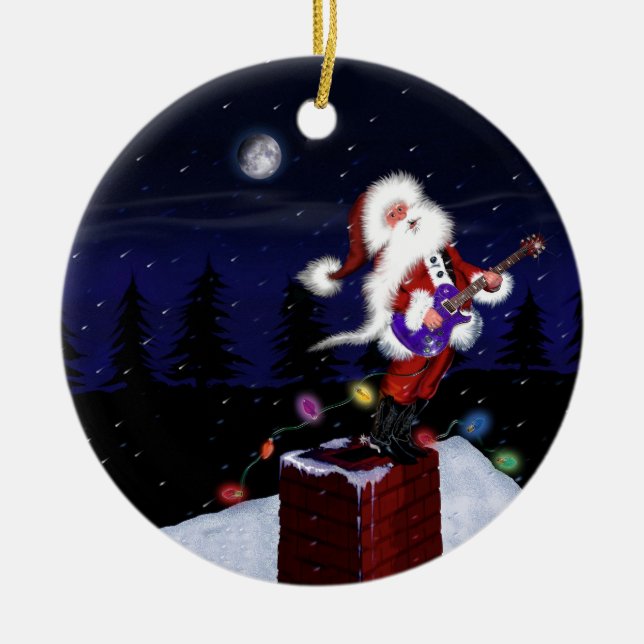 Santa Plays Guitar Ceramic Ornament (Front)