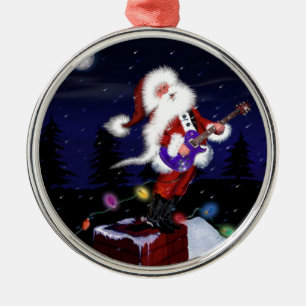 Santa Plays Guitar Metal Ornament