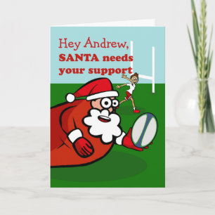 Santa Plays Rugby for Christmas Joy and Happiness Holiday Card