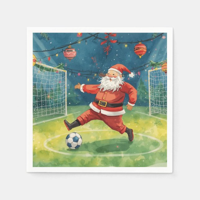 Santa plays Soccer Christmas Holiday  Napkin (Front)