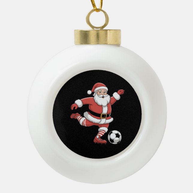 Santa Plays Soccer Christmas Sports Ceramic Ball Christmas Ornament (Front)