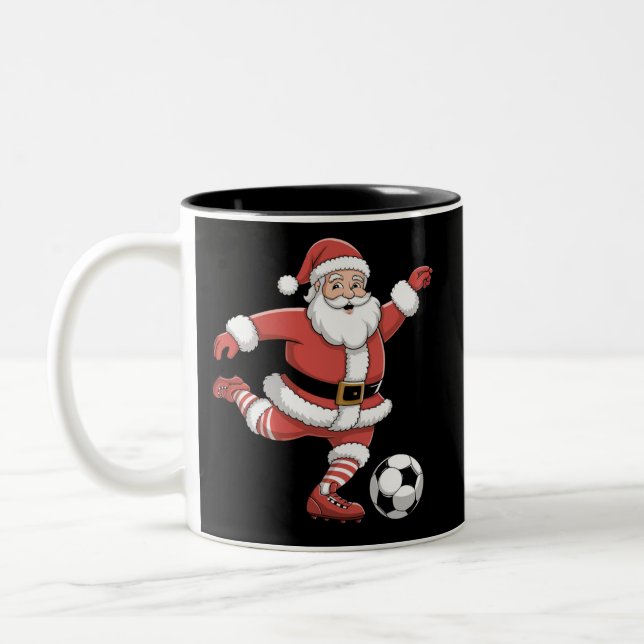 Santa Plays Soccer Christmas Sports Two-Tone Coffee Mug (Left)