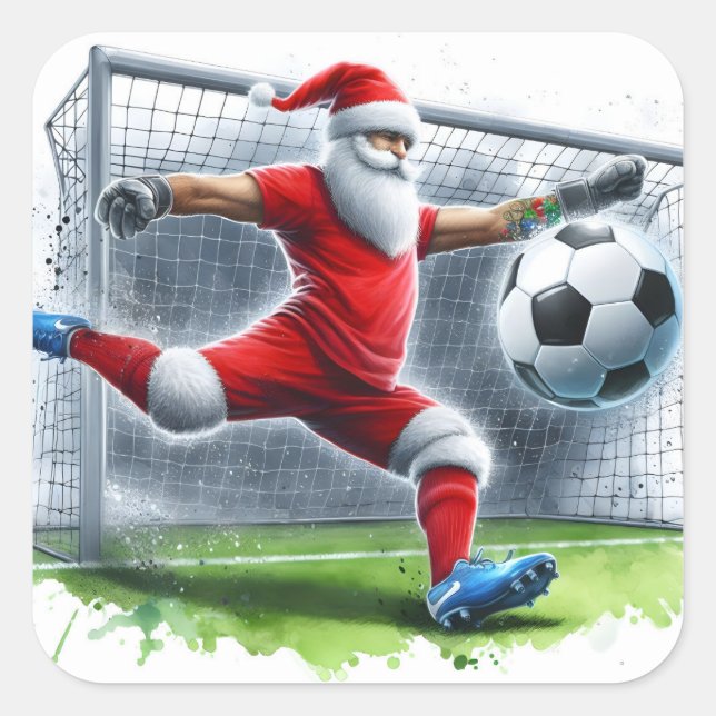 Santa Plays Soccer During the Holiday Season Square Sticker (Front)