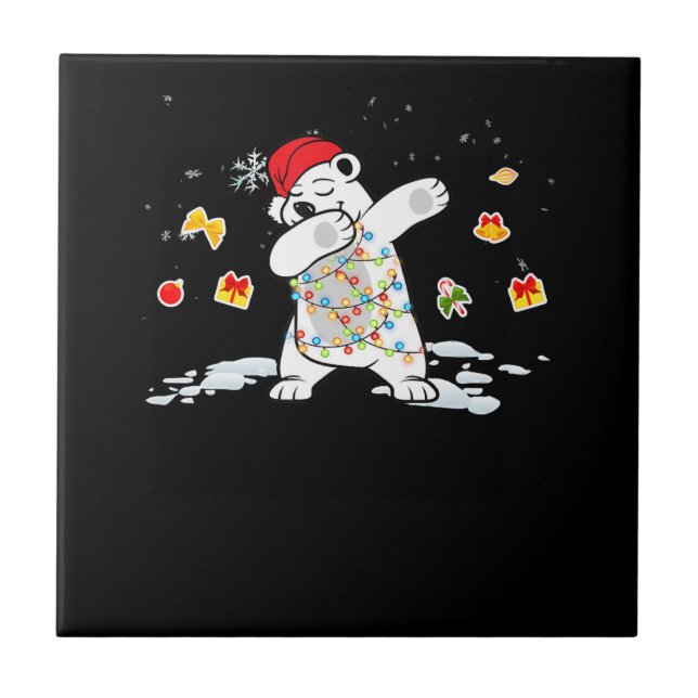 Santa Polar Bear Christmas Lights Bear Lover Ceramic Tile (Front)