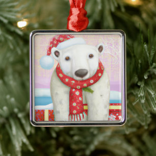 Santa Polar Bear Christmas Metal Ornament