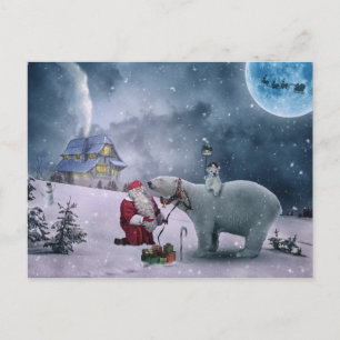 Santa, polar bear, sleigh, reindeer, Christmas Holiday Postcard