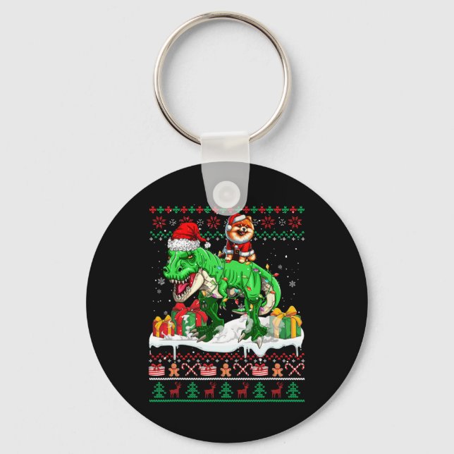 Santa Pomeranian Riding T-rex Christmas Sweater Lo Key Ring (Front)