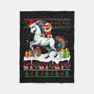 Santa Pomeranian Riding Unicorn Christmas Sweater  Fleece Blanket