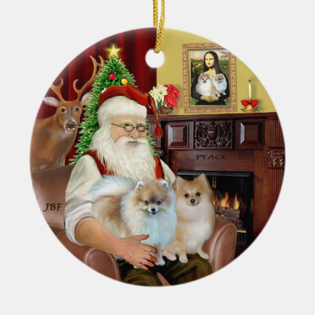 Santa - Pomeranians 9two) Ceramic Tree Decoration (Front)