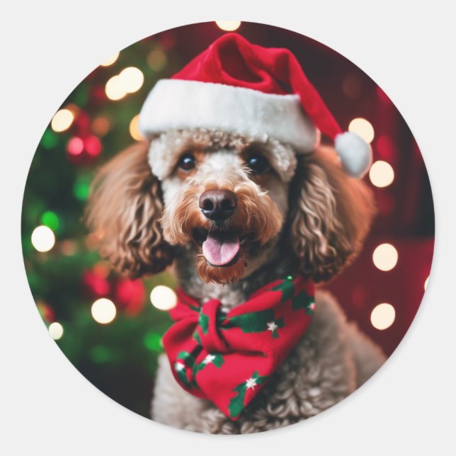 Santa Poodle Christmas Photo Template Pets Classic Round Sticker (Front)