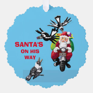 Santa postman and magpies tree decoration card