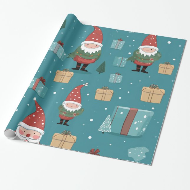 Santa Presents Trees and Snow Christmas Wrapping Paper (Unrolled)