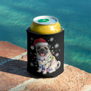 Santa Pug Christmas Lights Xmas Dog Lover Can Cooler