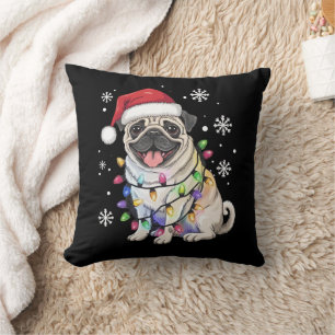 Santa Pug Christmas Lights Xmas Dog Lover Cushion