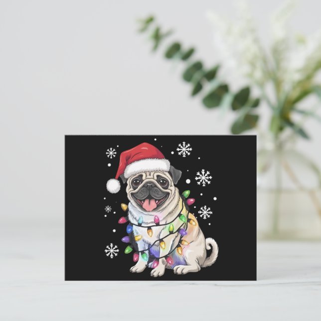 Santa Pug Christmas Lights Xmas Dog Lover  Holiday Postcard (Standing Front)