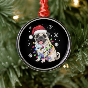 Santa Pug Christmas Lights Xmas Dog Lover Metal Ornament