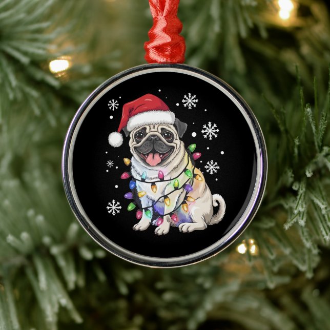 Santa Pug Christmas Lights Xmas Dog Lover  Metal Ornament (Tree)