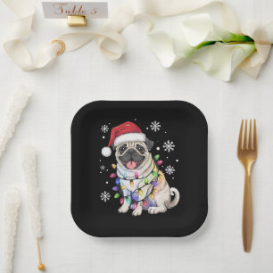 Santa Pug Christmas Lights Xmas Dog Lover Paper Plate
