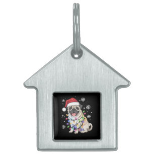 Santa Pug Christmas Lights Xmas Dog Lover Pet ID Tag